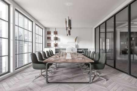 Téléchargez les photos : White conference room interior with armchairs and papers on board, grey hardwood floor. Modern meeting room and shelf, panoramic window on Singapore city view. 3D rendering - en image libre de droit
