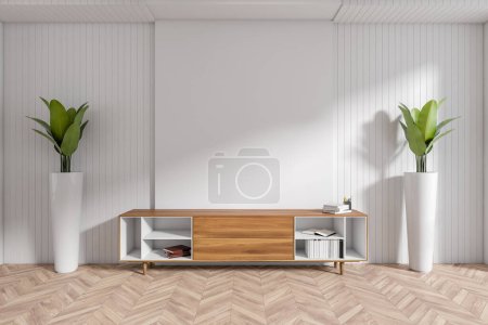 Photo for White office interior with sideboard and books on rack, two plants on hardwood floor, minimalist decoration in business hall. Mockup empty wall, 3D rendering - Royalty Free Image
