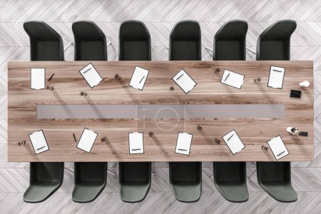Téléchargez les photos : Vue de dessus de l'intérieur de la salle de réunion avec fauteuils et outils à bord, parquet gris. Espace de bureau élégant et mobilier minimaliste. rendu 3D - en image libre de droit