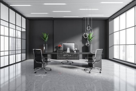 Photo for Office room interior with pc computer, desk and armchairs on grey concrete floor. Drawer with decoration, plant. Panoramic window on Singapore city view. 3D rendering - Royalty Free Image