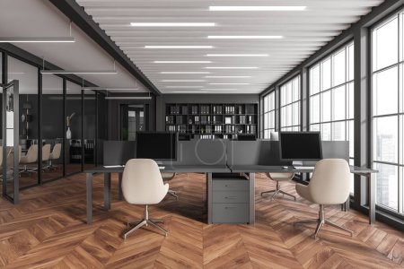 Photo for Dark office room interior with chairs and desk with pc computers, panoramic window with Singapore city view, conference room behind glass doors. 3D rendering - Royalty Free Image