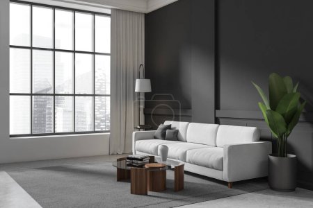 Photo for Dark lounge zone interior with sofa, side view, coffee table on carpet, grey concrete floor. Panoramic window on Singapore city view. Modern chill zone. 3D rendering - Royalty Free Image