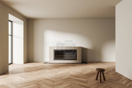 Téléchargez les photos : Studio beige intérieur avec parquet, vue de face, appartement vide à aire ouverte avec cheminée et tabouret. Concept de design de maison. rendu 3D - en image libre de droit