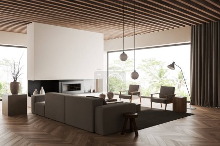 Téléchargez les photos : Beige living room interior with sofa and armchairs, side view, coffee table with decoration, hardwood floor. Fireplace near panoramic window on tropics. Mock up empty wall, 3D rendering - en image libre de droit