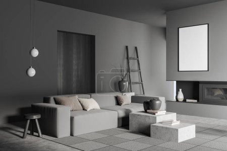 Foto de Interior de la sala de estar oscura con sofá, vista lateral, chimenea y mesa de centro con decoración en alfombra, suelo de hormigón gris. Cartel burlón, representación 3D - Imagen libre de derechos