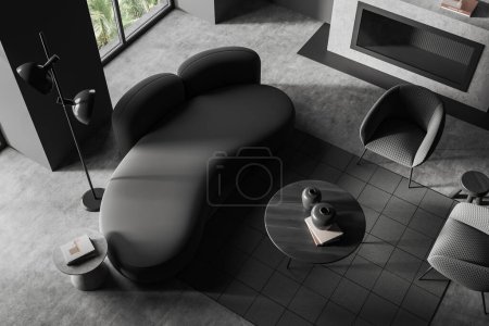 Photo for Top view of living room interior with sofa and armchairs, coffee table with decoration and fireplace, grey concrete floor. Chill zone and panoramic window on tropics. 3D rendering - Royalty Free Image