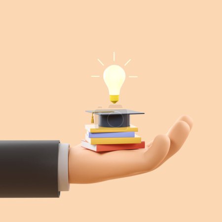 Téléchargez les photos : Cartoon hand hold stack of books with graduation cap and light bulb on light background. Concept of education and discovery. 3D rendering - en image libre de droit