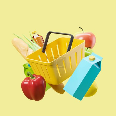 Foto de Cesta de la compra y diversos productos flotantes, fondo amarillo claro. Concepto de entrega y compra. Renderizado 3D - Imagen libre de derechos