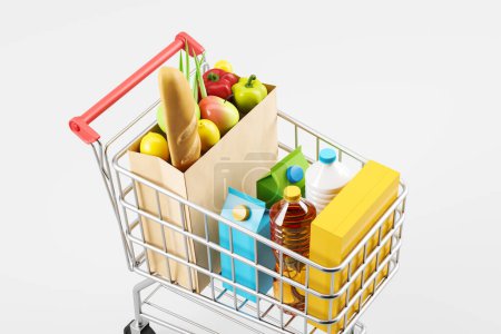 Téléchargez les photos : Shopping cart top view with products in paper bag, light grey background. Concept of delivery and online order. 3D rendering - en image libre de droit