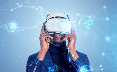 Photo for African businessman working in vr headset, circuit of connection, binary in cyberspace. Information fields and future technology. Concept of virtual reality - Royalty Free Image