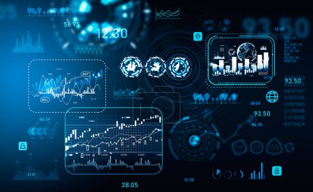 Foto de Holograma Forex con diagramas, hud mercado de valores con números y candelabros. Datos empresariales mundiales con gráfico, red y conexión. Concepto de economía. Renderizado 3D - Imagen libre de derechos