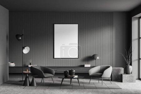 Photo for Dark living room interior two armchairs and coffee table on carpet, dresser with decoration, grey concrete floor. Window and mock up blank poster. 3D rendering - Royalty Free Image