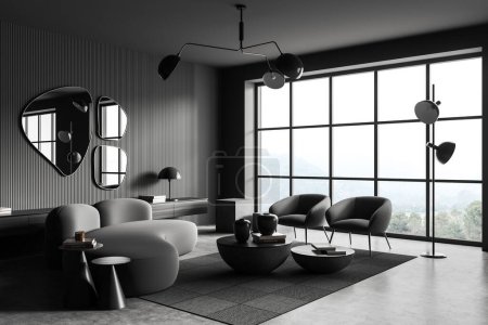 Photo for Dark living room interior with sofa and two armchairs, side view, coffee table with decoration on carpet, grey concrete floor. Panoramic window on countryside. 3D rendering - Royalty Free Image