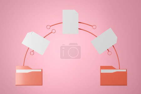 Foto de Transfer of files, red folders with moving files on light pink background. Concept of swap and sharing. Mockup copy space. 3D rendering - Imagen libre de derechos