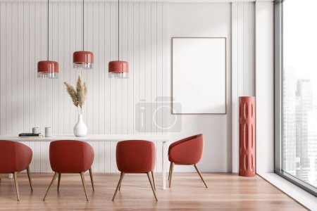 Photo for Red and white design of dining room interior with table and armchairs, Mock up wall poster. Panoramic window, downtown city view. 3D rendering - Royalty Free Image