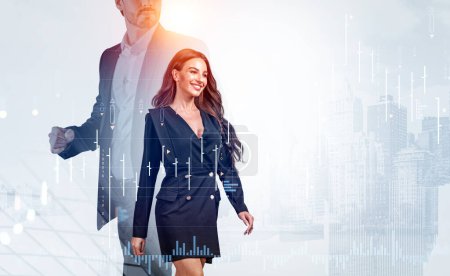 Businessman and businesswoman working together, smiling, New York cityscape. Stock market chart, double exposure, forex candlesticks and lines. Concept of teamwork