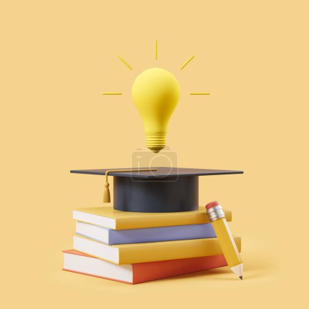 Téléchargez les photos : Stack of books and pencil, graduation cap and light bulb on yellow background. Concept of idea and university education. 3D rendering - en image libre de droit