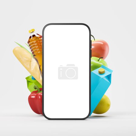 Photo for Smartphone blank display and natural fresh products, light grey background. Concept of delivery and online order. Mockup empty display. 3D rendering - Royalty Free Image