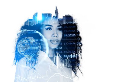 Photo for Black woman portrait and forex hologram with diagrams, New York cityscape and stock market hud with candlesticks and earth sphere. Concept of world economy and analysis. - Royalty Free Image