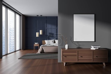Photo for Dark hotel bedroom interior bed and sideboard with decoration, carpet on hardwood floor. Panoramic window on city view. Mock up canvas poster on partition. 3D rendering - Royalty Free Image