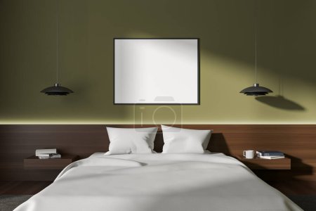Foto de Dormitorio del hotel cama interior con ropa de cama blanca, mesita de noche de madera con libros. Simular cartel de lona en la pared verde. Renderizado 3D - Imagen libre de derechos