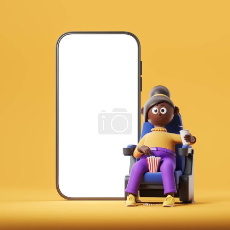 Téléchargez les photos : Cartoon woman sitting in armchair with pop corn and drink, big mock up blank phone screen. Concept of online cinema and ticket. 3D rendering - en image libre de droit