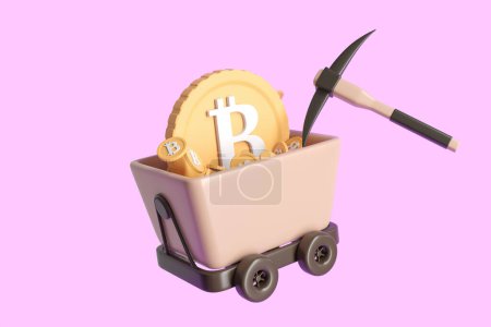 Foto de Carro de minería Pickaxe y dibujos animados con bitcoins sobre fondo rosa. Concepto de minería y hackeo. Renderizado 3D - Imagen libre de derechos