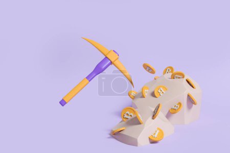 Foto de Pickaxe breaking stone with golden bitcoins on purple background. Concept of mining and hack. 3D rendering - Imagen libre de derechos