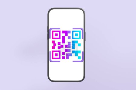 Foto de Big phone mock up blank empty screen with gradient QR code, purple background. Concept of cashless payment and mobile app. 3D rendering - Imagen libre de derechos