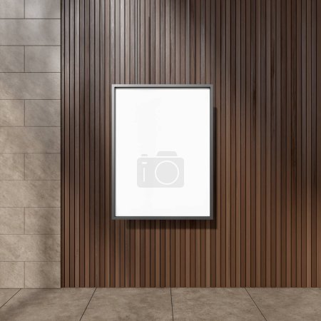 Téléchargez les photos : Office interior business hall with mockup canvas poster, dark wooden wall and beige concrete tile floor. Commercial ad and marketing. 3D rendering - en image libre de droit