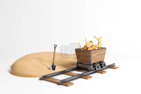 Photo for Shovel in sand and cartoon mining cart with bitcoins on white empty copy space background. Concept of mining and earning. 3D rendering - Royalty Free Image