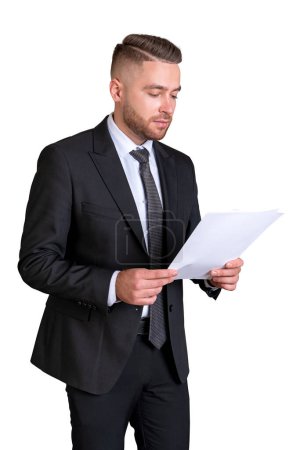 Photo for Businessman portrait reading business contract, side view. Concentrated man in black formal suit, studying financial report. Isolated over white background. Concept of business document - Royalty Free Image