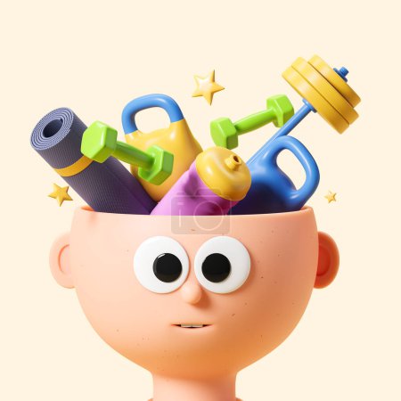 Photo for Cartoon man head and different workout equipment on yellow background. Concept of fitness and healthy lifestyle. 3D rendering - Royalty Free Image