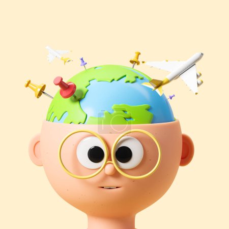 Téléchargez les photos : Cartoon man head with earth globe and pins, airplane flying on beige background. Concept of trop to dream and tourism. 3D rendering - en image libre de droit