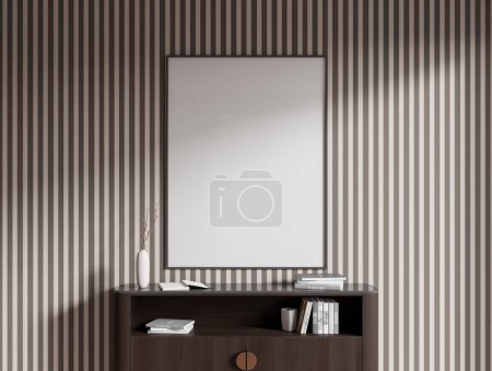 Photo for Dark gallery room interior with empty white poster on striped brown wall with sideboard, books, vase. Concept of place for creative idea and art exhibition. Mock up. 3d rendering - Royalty Free Image