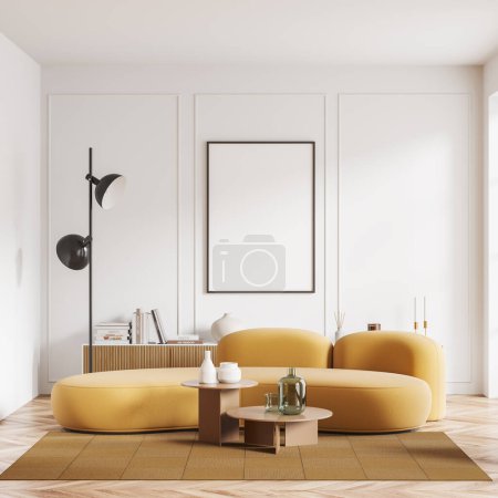 Téléchargez les photos : White living room interior with sofa and drawer with art decoration, carpet on hardwood floor. Mock up canvas poster on molding wall. 3D rendering - en image libre de droit
