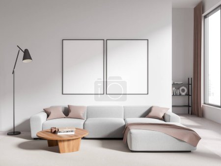 Foto de Moderno interior de la sala de estar con sofá y dos carteles de lona maqueta. Mesa de centro con decoración y ventana panorámica sobre rascacielos. Renderizado 3D - Imagen libre de derechos