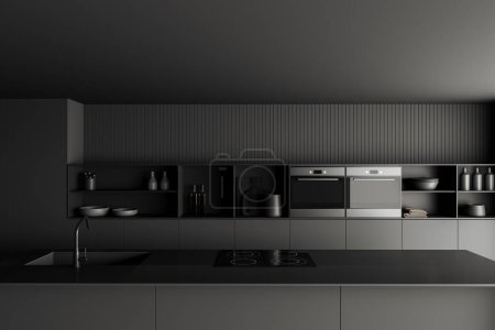 Téléchargez les photos : Front view on dark kitchen room interior with island, cupboard, grey wall, electric cooker, sink, cooking inventory, crockery. Concept of minimalist design. 3d rendering - en image libre de droit