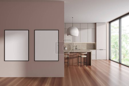 Photo for Front view on bright kitchen room interior with two empty white posters, island, barstool, panoramic window, beige wall, hardwood floor, sink. Concept of minimalist design. Mock up. 3d rendering - Royalty Free Image