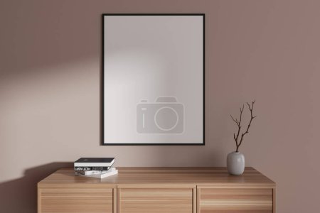 Photo for Modern living room interior with wooden drawer and minimal decoration. Mock up canvas poster on beige wall. 3D rendering - Royalty Free Image