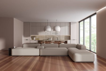 Téléchargez les photos : Modern studio interior with sofa, bar island with seats on hardwood floor. Cooking zone with kitchenware and panoramic window on tropics. 3D rendering - en image libre de droit