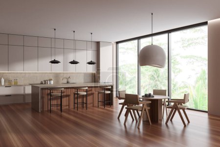 Photo for Corner view on bright kitchen room interior with dining table, armchairs, panoramic window, island, barstools, beige wall, hardwood floor, electric cooker. Concept of minimalist design. 3d rendering - Royalty Free Image