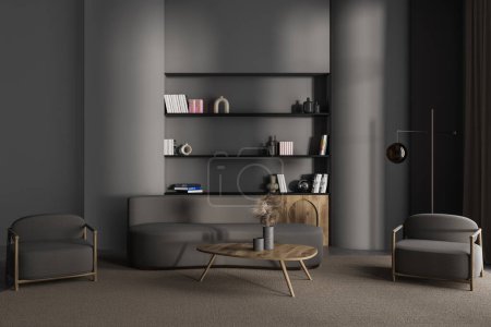 Téléchargez les photos : Dark living room interior with sofa, two soft armchairs and shelf with decoration. Relaxing space with modern furniture and coffee table on carpet. 3D rendering - en image libre de droit