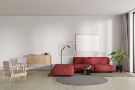 Foto de Front view on bright living room interior with empty poster, white wall, couch, armchair, concrete floor, panoramic window. Concept of minimalist design. Place for meeting. Mock up. 3d rendering - Imagen libre de derechos