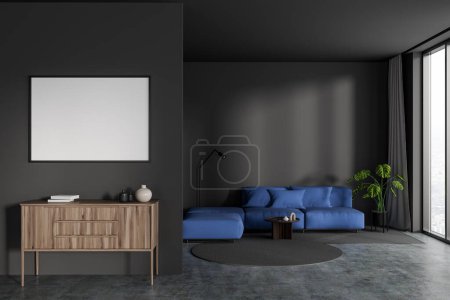 Téléchargez les photos : Dark relaxing room interior with drawer, partition and blue sofa on carpet, grey concrete floor. Panoramic window on city view. Mockup canvas poster. 3D rendering - en image libre de droit