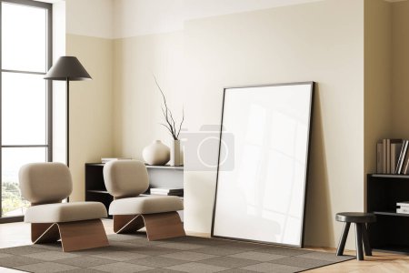Téléchargez les photos : Stylish relaxing interior with two armchairs and art decoration, side view panoramic window on tropics. Big mockup canvas poster on hardwood floor. 3D rendering - en image libre de droit