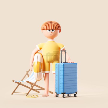 Foto de Cartoon man with suitcase and different beach accessories on beige background. Concept of vacation and holiday. 3D rendering - Imagen libre de derechos