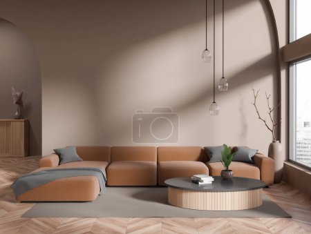 Foto de Modern relaxing interior with sofa and coffee table, carpet on hardwood floor. Panoramic window on city view. Mockup copy space empty wall. 3D rendering - Imagen libre de derechos