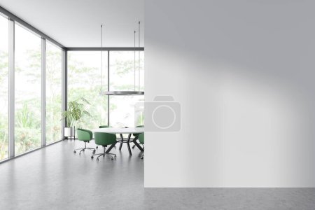 Photo for Meeting room interior with armchairs and board, grey concrete floor. Conference room and panoramic window on tropics. Copy space empty wall. 3D rendering - Royalty Free Image