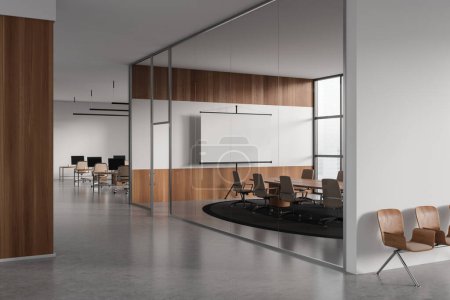 Photo for Corner view on bright office room interior with empty poster, computers, desks, armchairs, panoramic window, meeting board, glass partition, concrete floor. Concept of meeting space. 3d rendering - Royalty Free Image